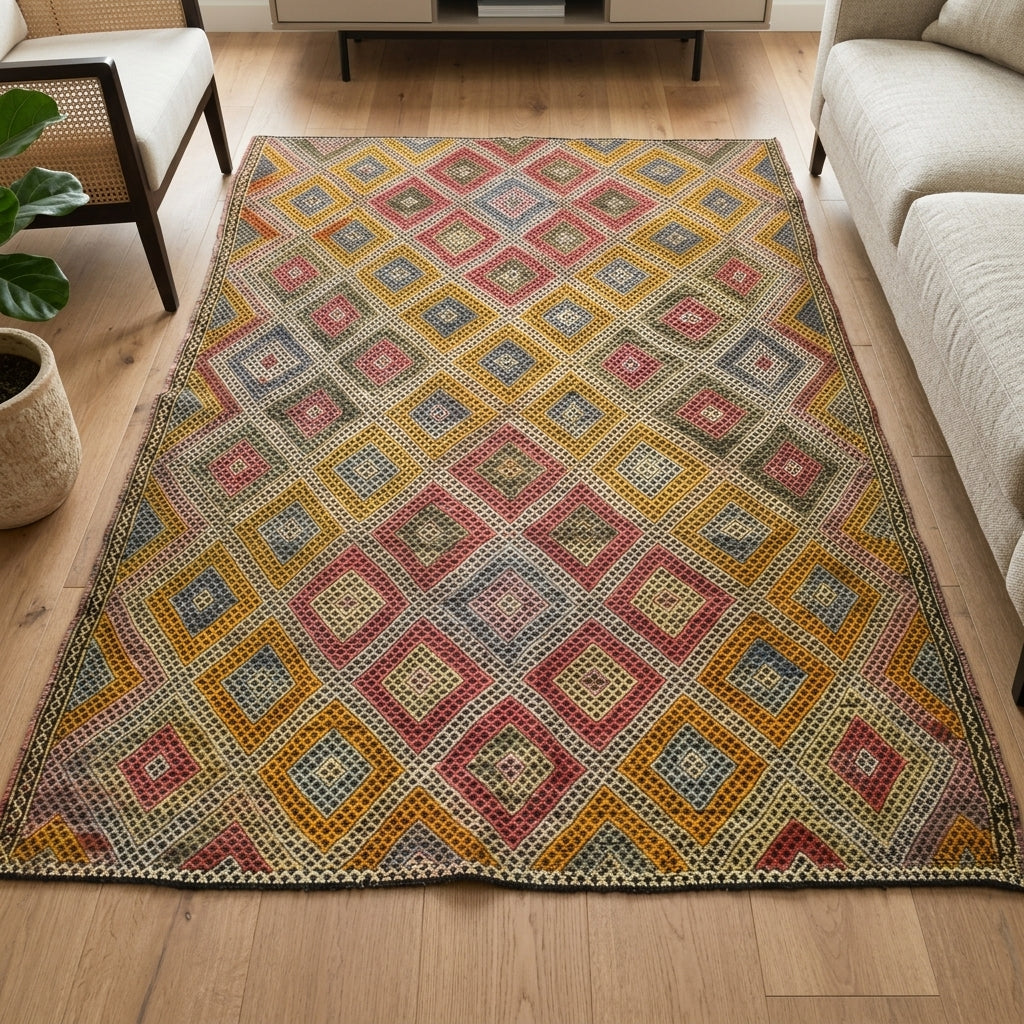 Ikat pattern on the Ecenisin vintage kilim rug – handwoven flatweave in Anatolia, Turkey