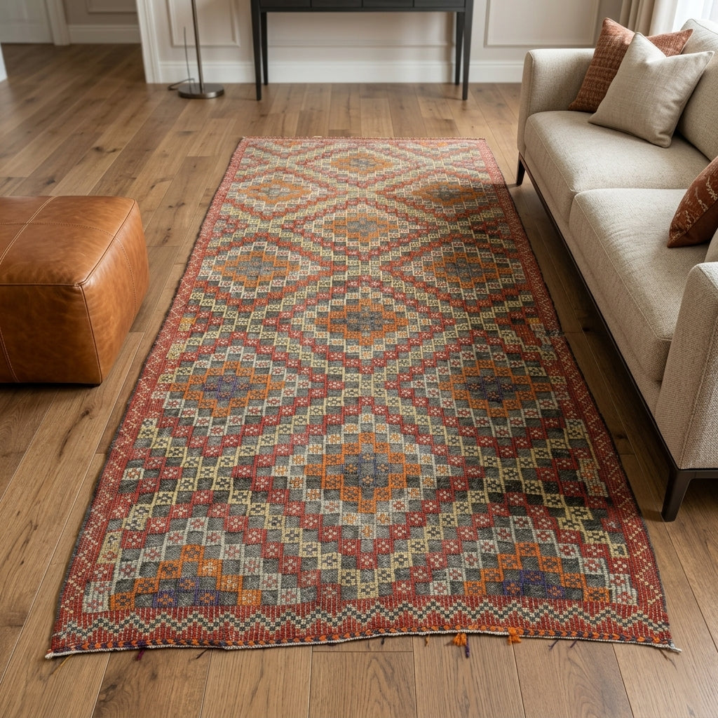 Ikat pattern on the Ferahsultan vintage kilim rug – handwoven flatweave in Anatolia, Turkey