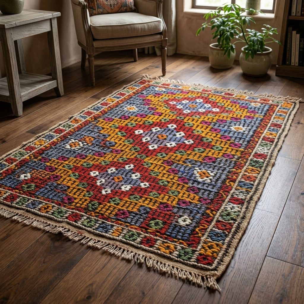 Ikat pattern on the Sultanur vintage kilim rug – handwoven flatweave in Anatolia, Turkey