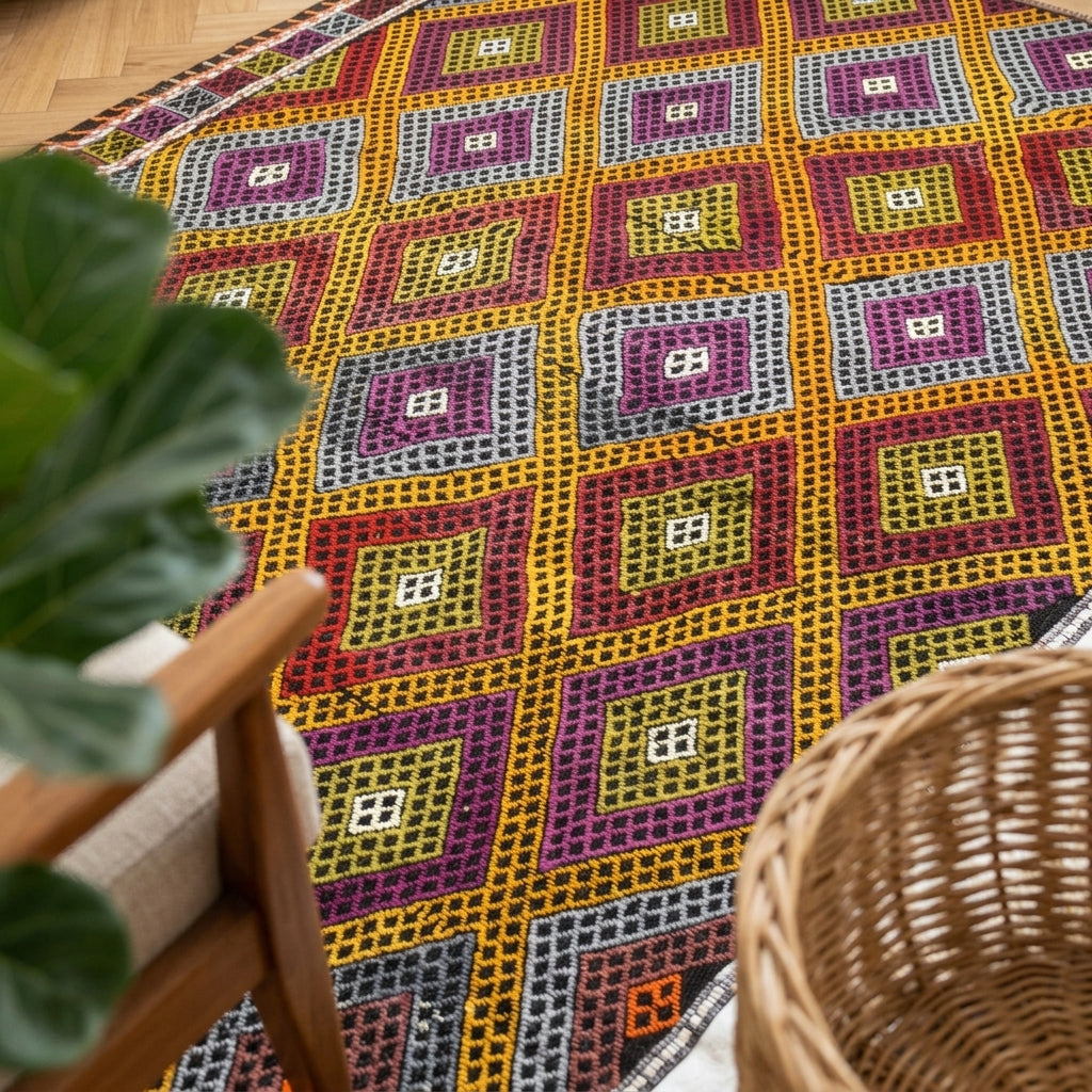 Ikat pattern on the Sudenaz vintage kilim rug – handwoven flatweave in Anatolia, Turkey
