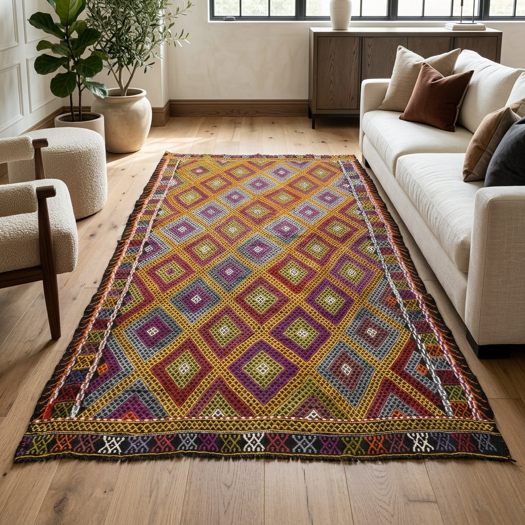 Ikat pattern on the Sudenaz vintage kilim rug – handwoven flatweave in Anatolia, Turkey