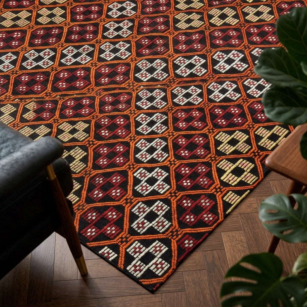 Ikat pattern on the Anthothea vintage kilim rug – handwoven flatweave in Anatolia, Turkey