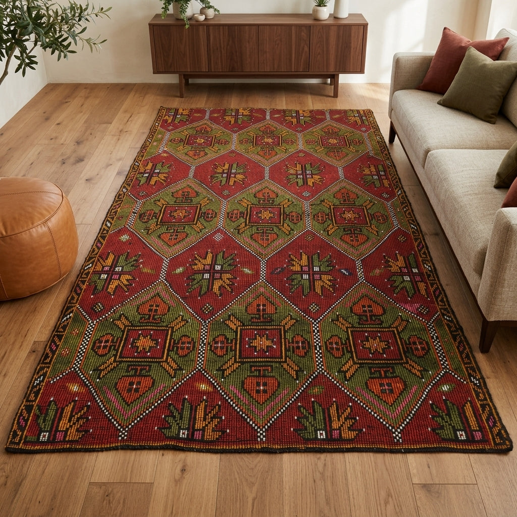 Oriental pattern on the Glaucophile vintage kilim rug – handwoven flatweave in Anatolia, Turkey