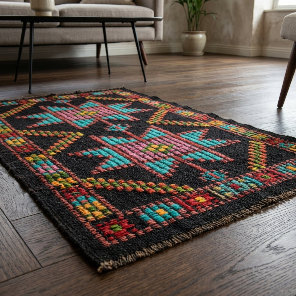 Ikat pattern on the Nakstac vintage kilim rug – handwoven flatweave in Anatolia, Turkey