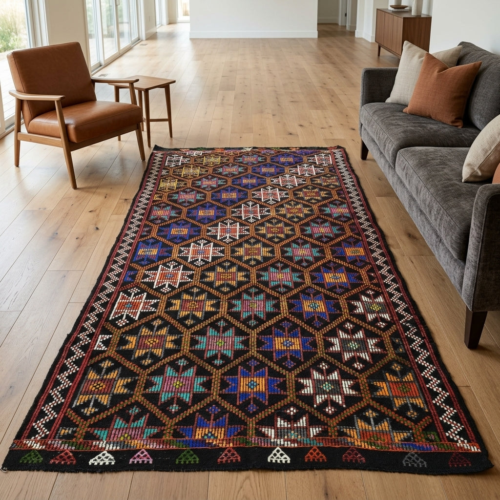 Ikat pattern on the Nakstac vintage kilim rug – handwoven flatweave in Anatolia, Turkey