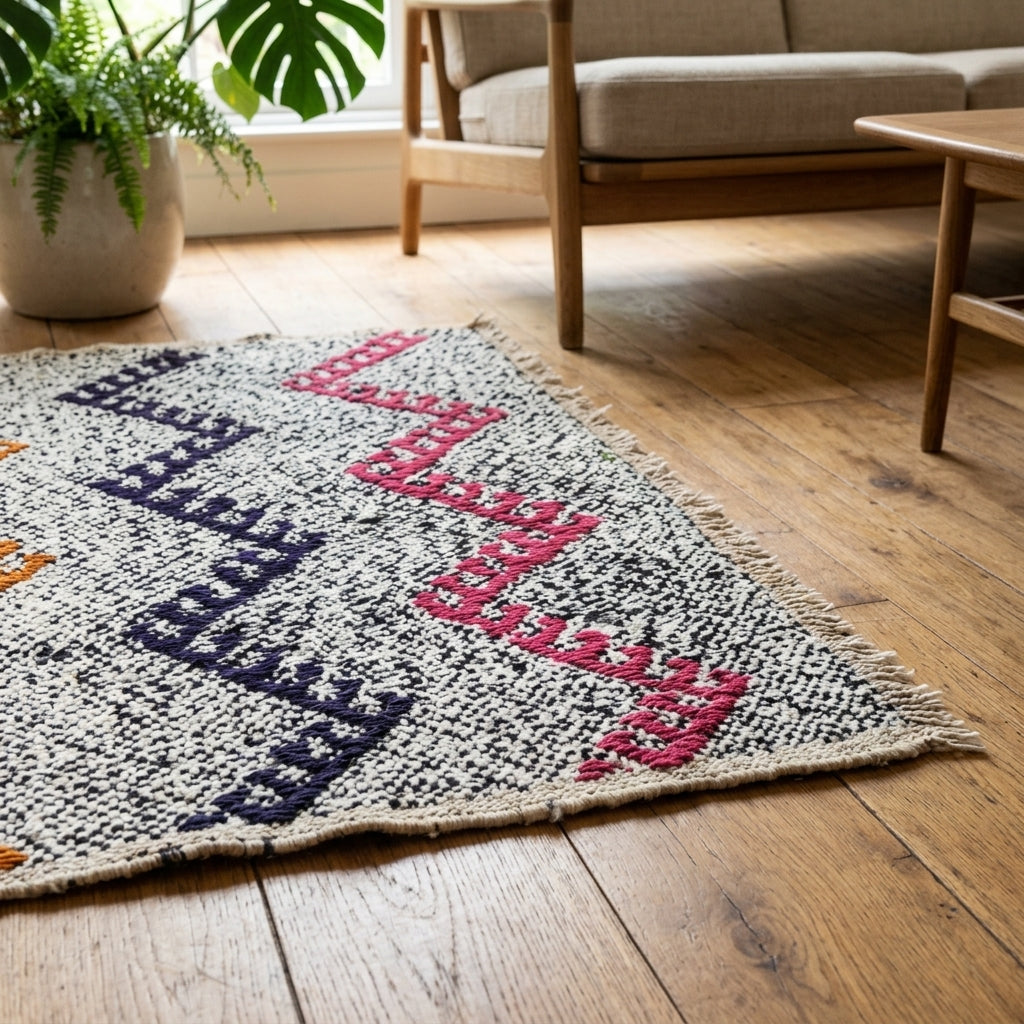 Zig-zag pattern on the Ouranopheme vintage kilim rug – handwoven flatweave in Anatolia, Turkey