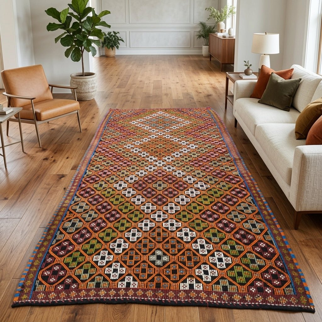 Ikat pattern on the Zeynepbahar vintage kilim rug – handwoven flatweave in Anatolia, Turkey