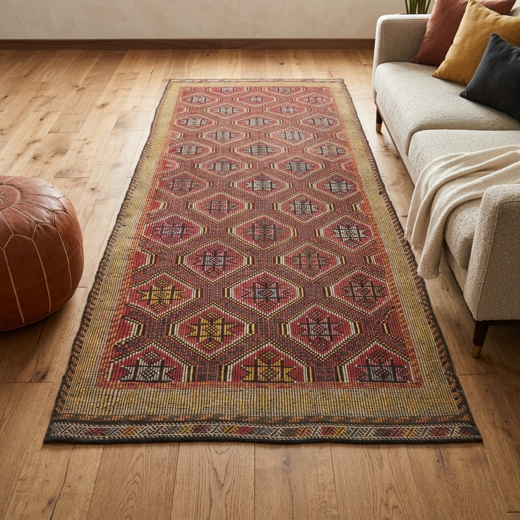 Ikat pattern on the Kavaknaz vintage kilim runner rug – handwoven flatweave in Anatolia, Turkey