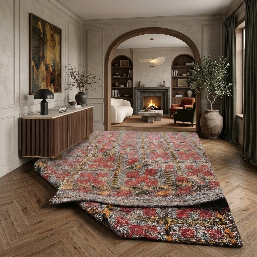 Ikat pattern on the Petronia vintage kilim rug – handwoven flatweave in Anatolia, Turkey
