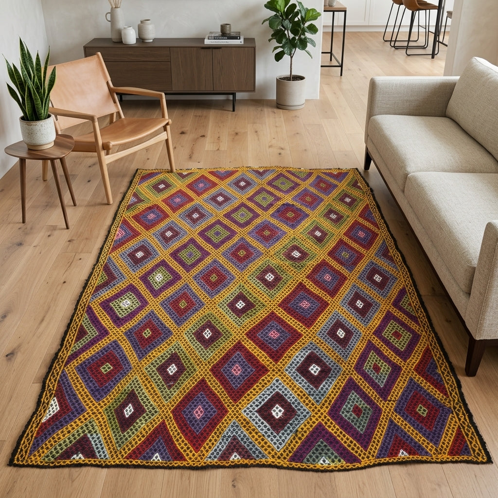 Ikat pattern on the Petronia vintage kilim rug – handwoven flatweave in Anatolia, Turkey