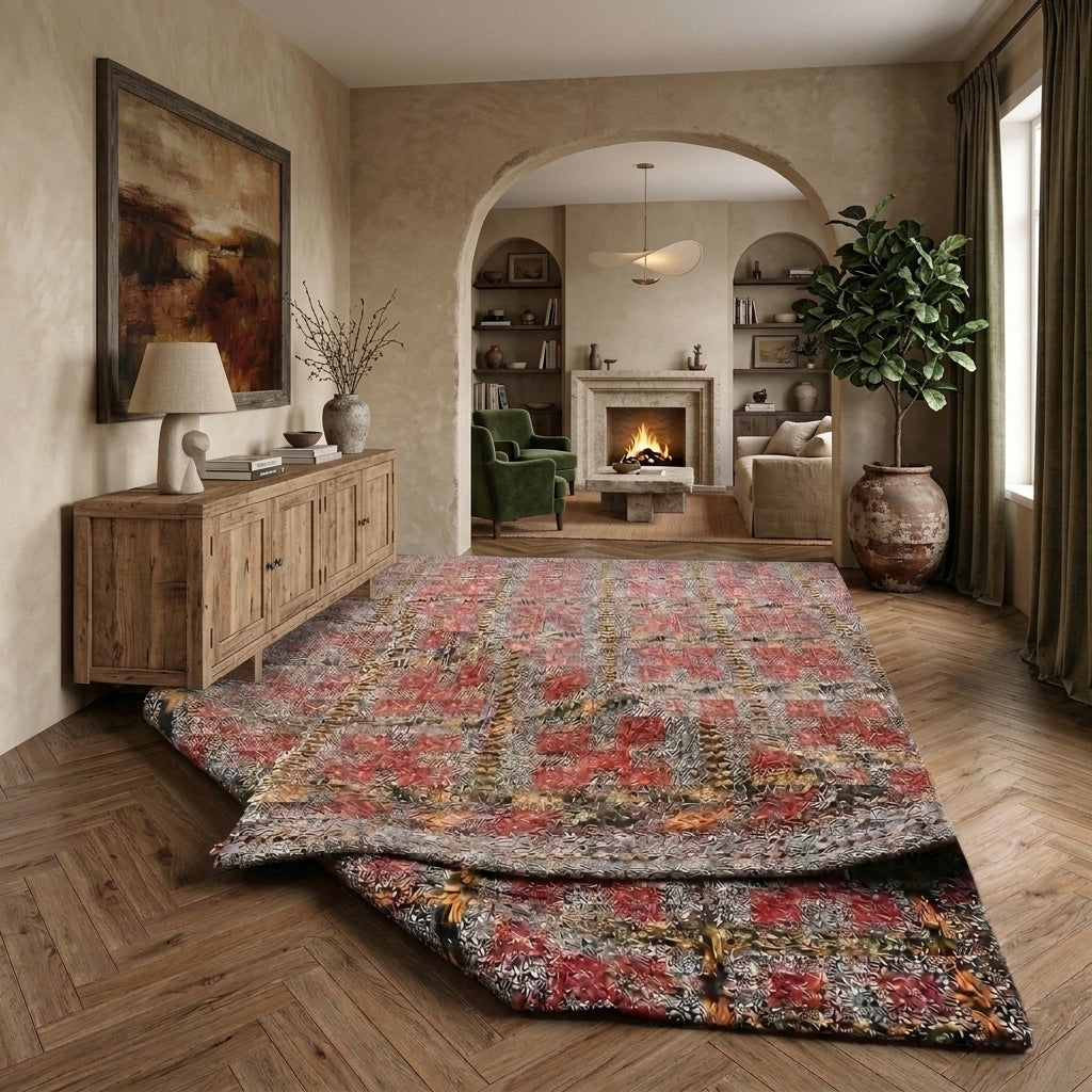 Floral pattern on the Reyhanefsan vintage kilim rug – handwoven flatweave in Anatolia, Turkey