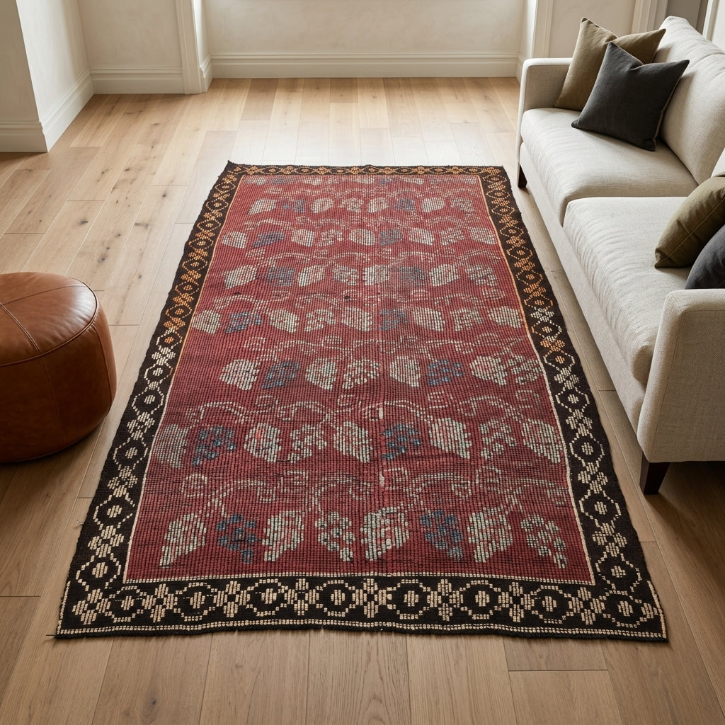 Floral pattern on the Reyhanefsan vintage kilim rug – handwoven flatweave in Anatolia, Turkey