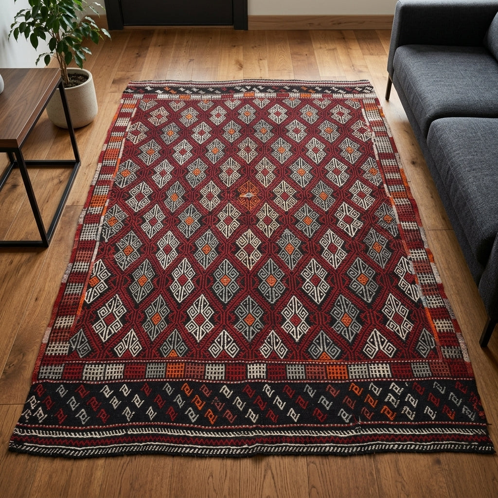 Ikat pattern on the Ebrugul vintage kilim rug – handwoven flatweave in Anatolia, Turkey