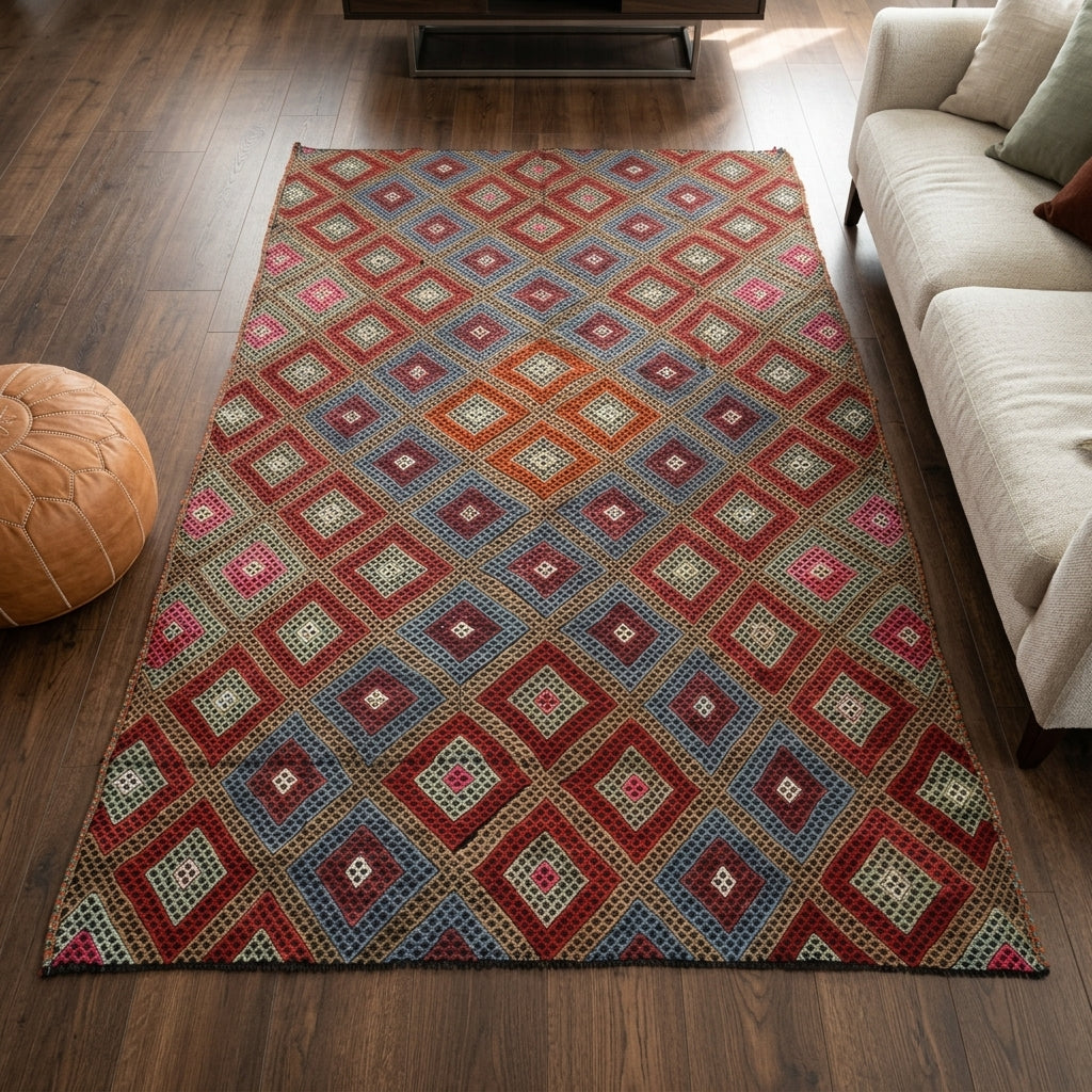 Ikat pattern on the Yakutlale vintage kilim rug – handwoven flatweave in Anatolia, Turkey