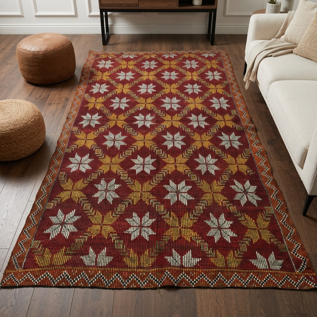 Ikat pattern on the Firuzdeniz vintage kilim rug – handwoven flatweave in Anatolia, Turkey