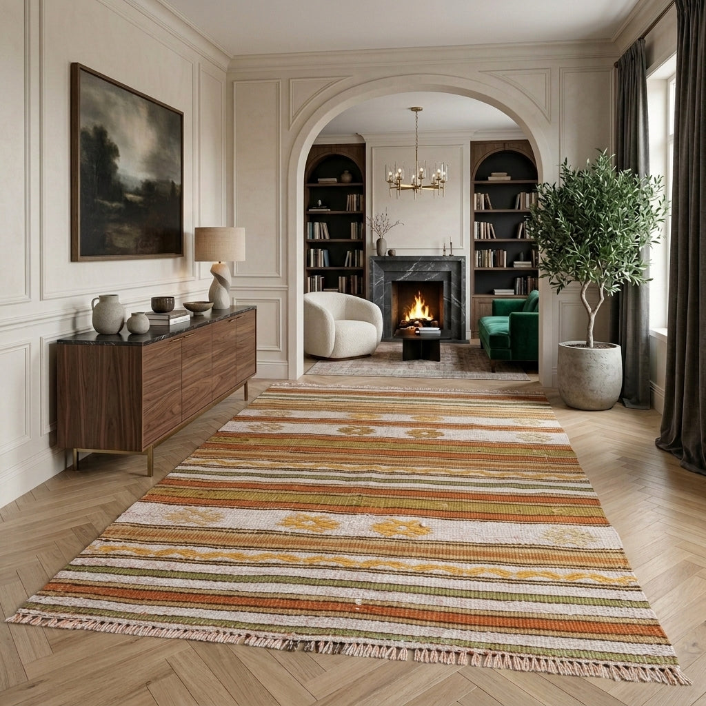 Striped pattern on the Porphyropnoe vintage kilim rug – handwoven flatweave in Anatolia, Turkey