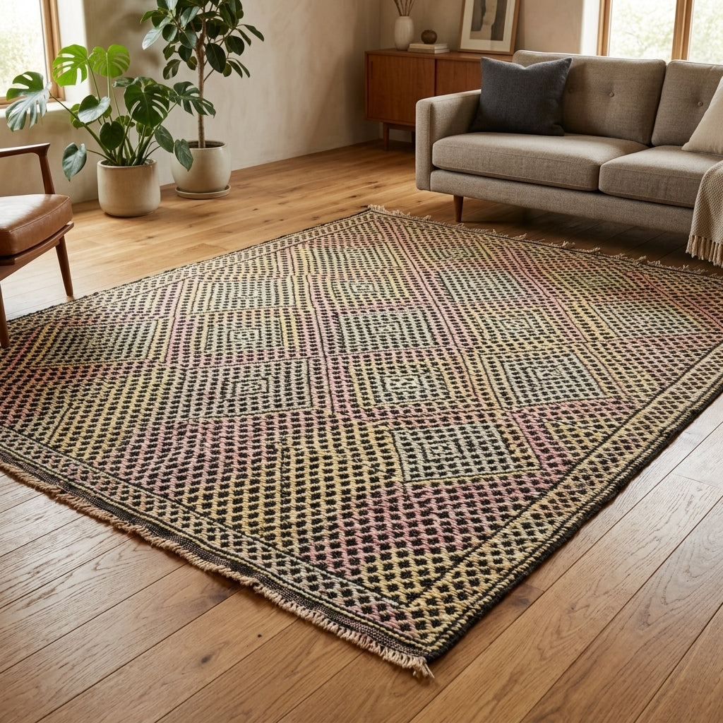 Ikat pattern on the Safaksev vintage kilim rug – handwoven flatweave in Anatolia, Turkey