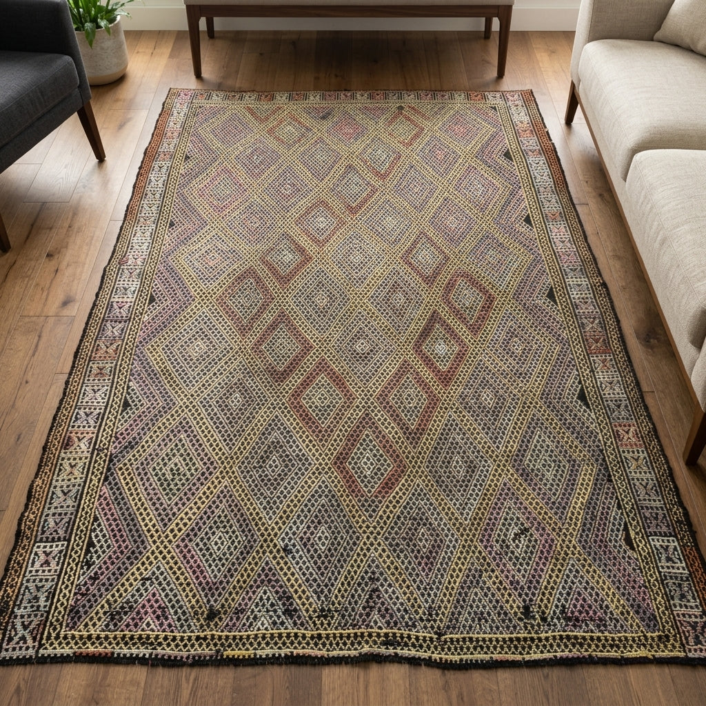 Ikat pattern on the Safaksev vintage kilim rug – handwoven flatweave in Anatolia, Turkey