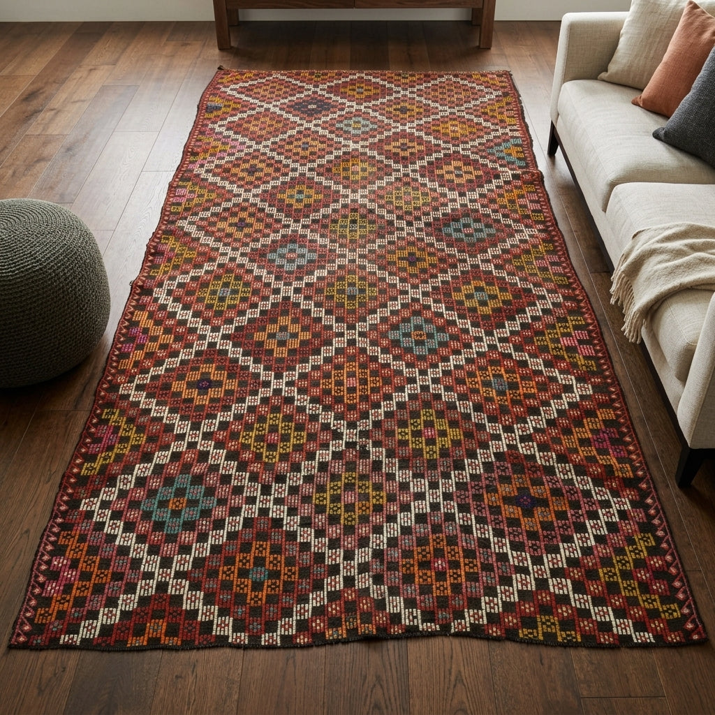 Ikat pattern on the Simgenaz vintage kilim rug – handwoven flatweave in Anatolia, Turkey
