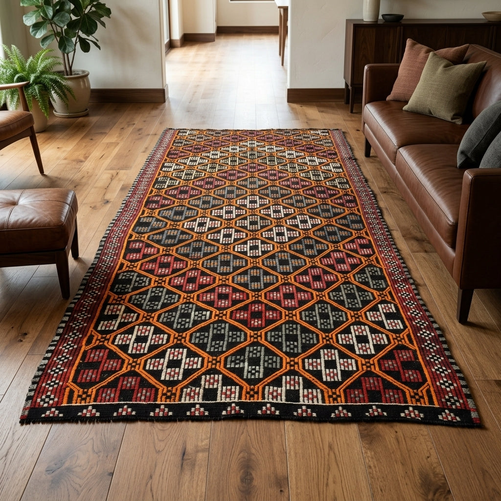 Ikat pattern on the Goncara vintage kilim runner rug – handwoven flatweave in Anatolia, Turkey
