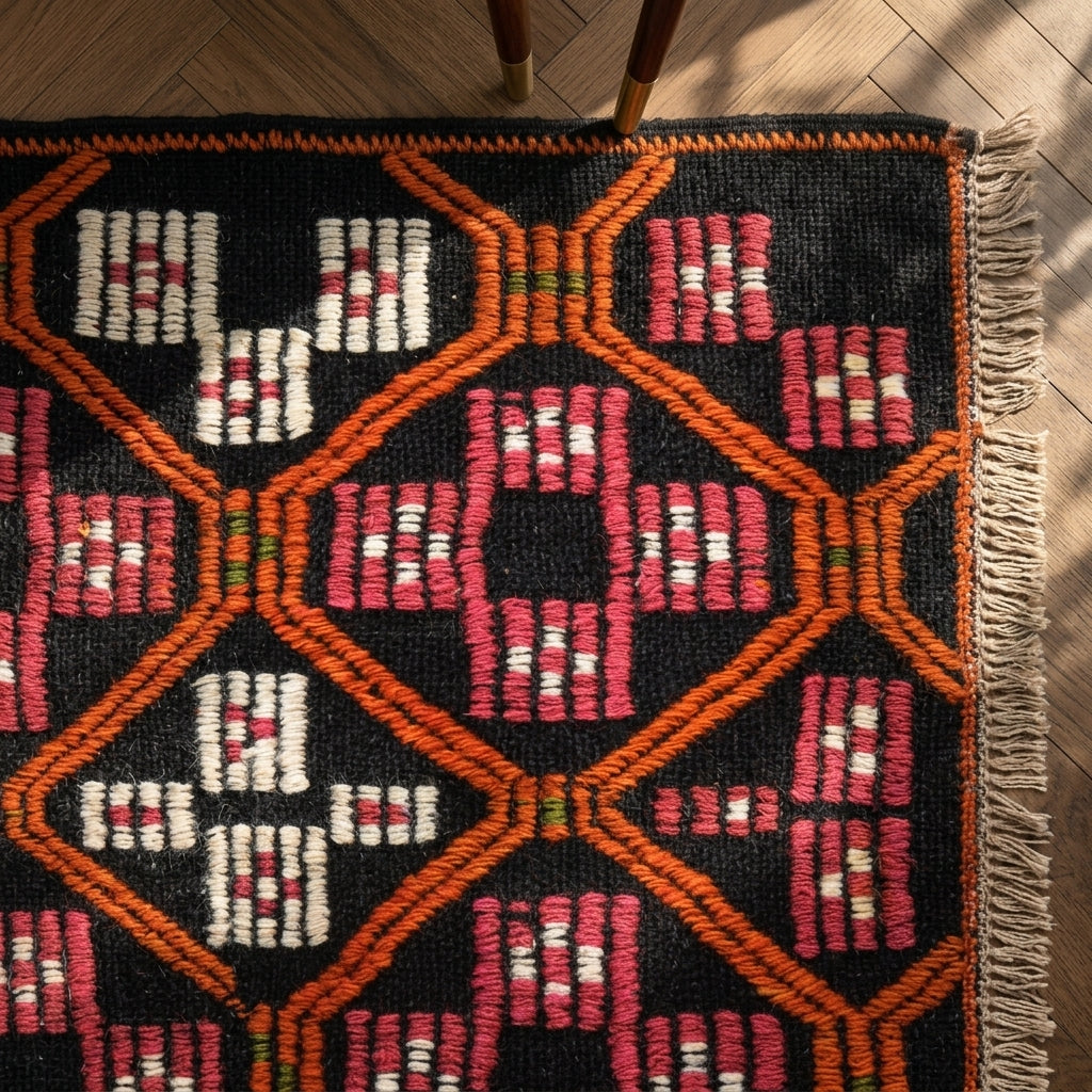 Ikat pattern on the Sitaretac vintage kilim rug – handwoven flatweave in Anatolia, Turkey