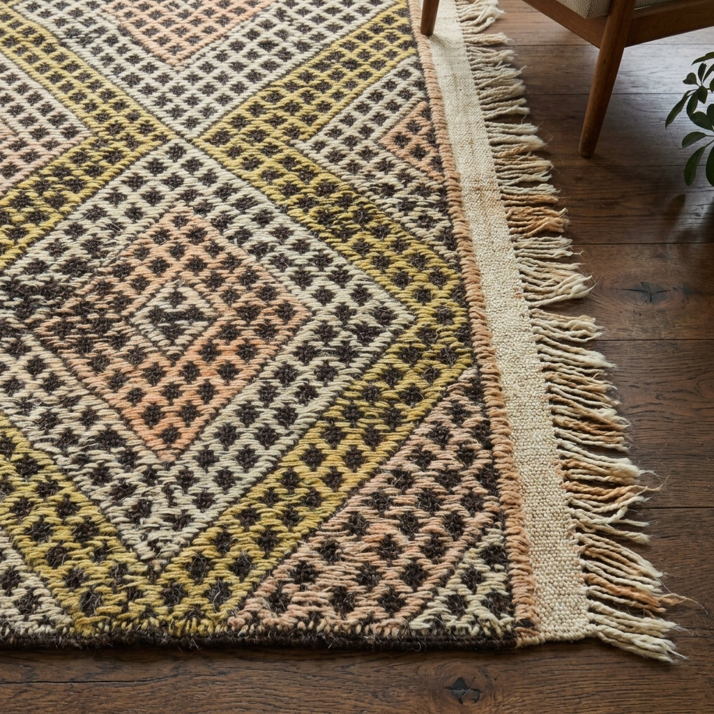 Geometric pattern on the Siderokleia vintage kilim rug – handwoven flatweave in Anatolia, Turkey