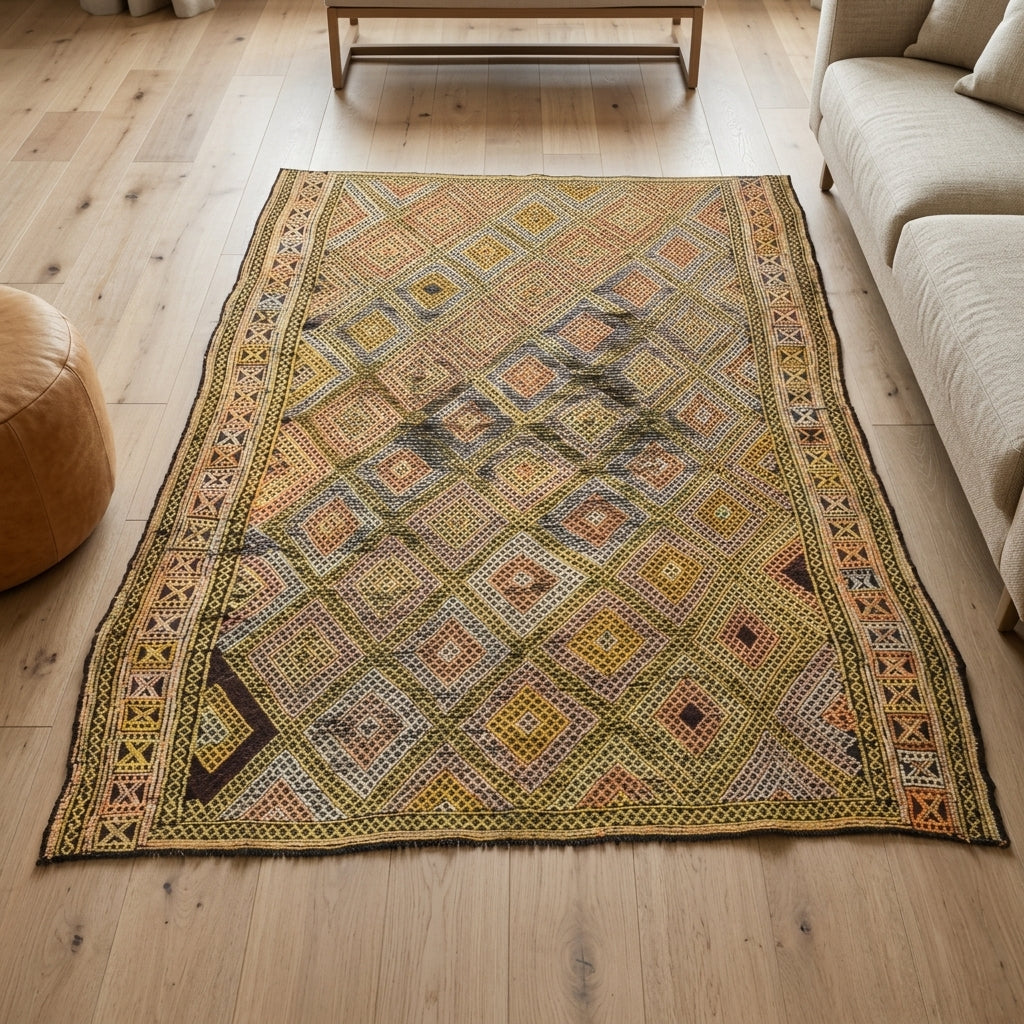 Geometric pattern on the Siderokleia vintage kilim rug – handwoven flatweave in Anatolia, Turkey
