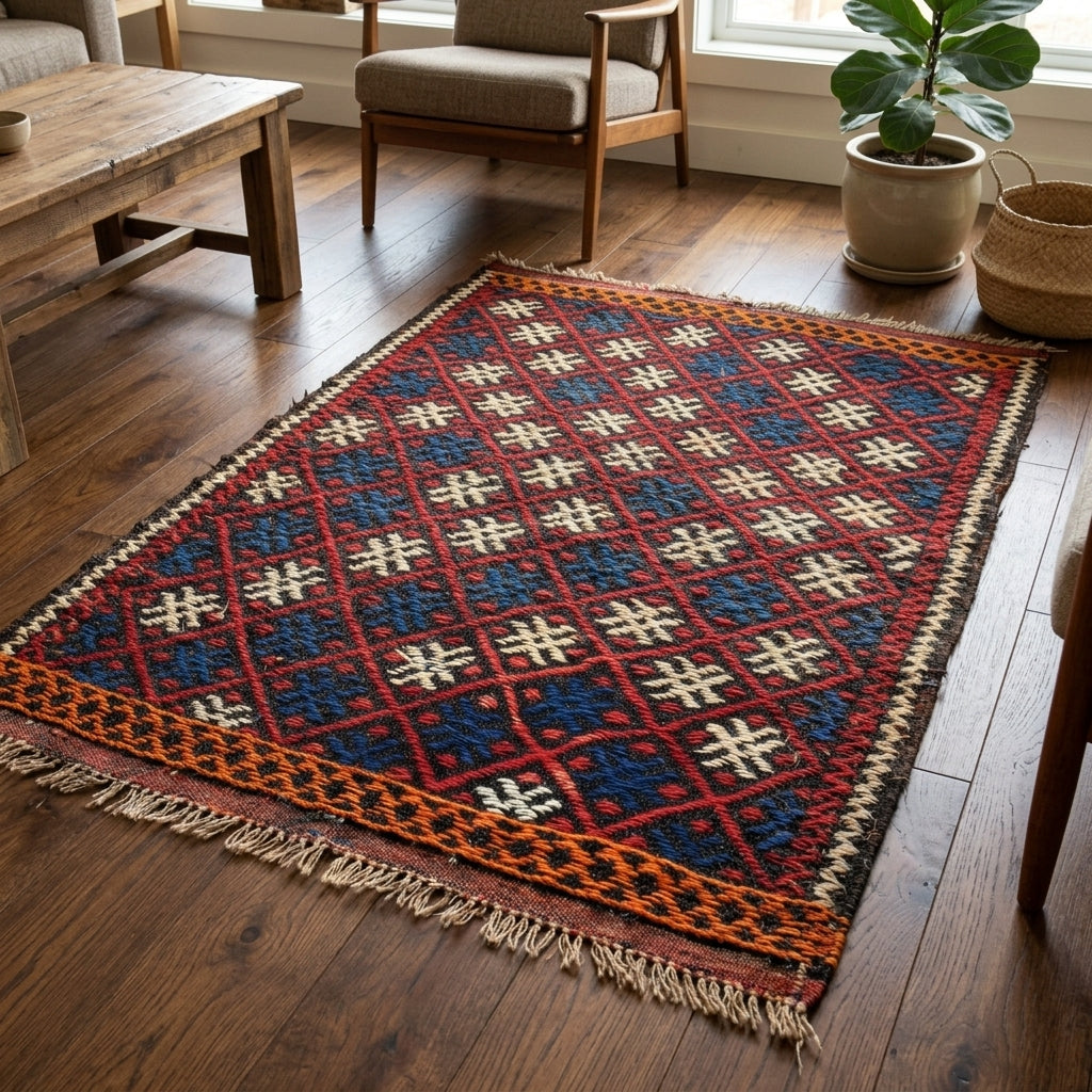 Geometric pattern on the Sitareruh vintage kilim rug – handwoven flatweave in Anatolia, Turkey