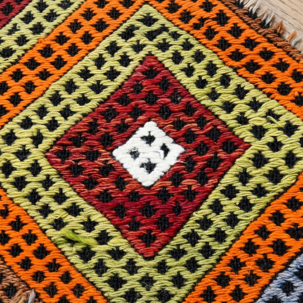 Checkered pattern on the Sunbulyaz vintage kilim rug – handwoven flatweave in Anatolia, Turkey