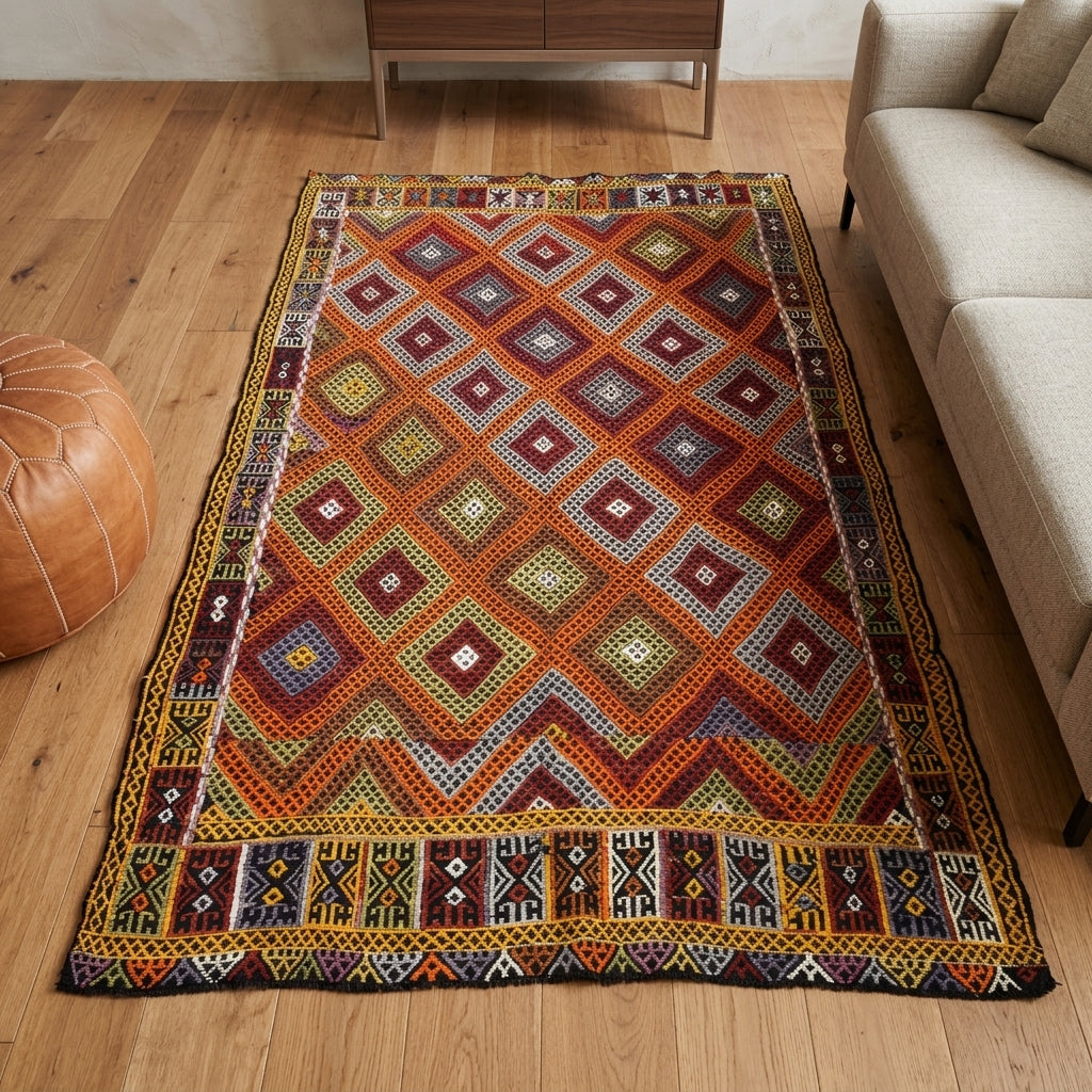 Checkered pattern on the Sunbulyaz vintage kilim rug – handwoven flatweave in Anatolia, Turkey