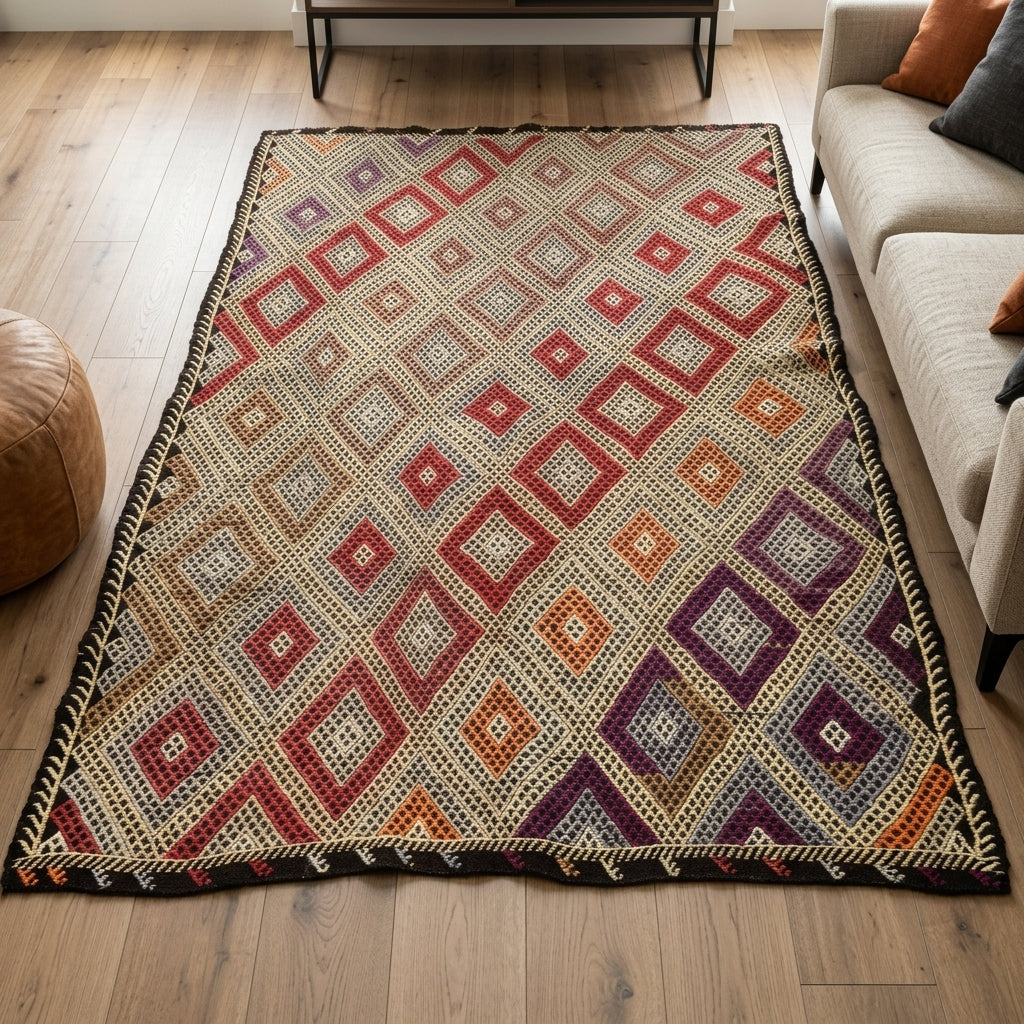 Ikat pattern on the Ahusema vintage kilim rug – handwoven flatweave in Anatolia, Turkey