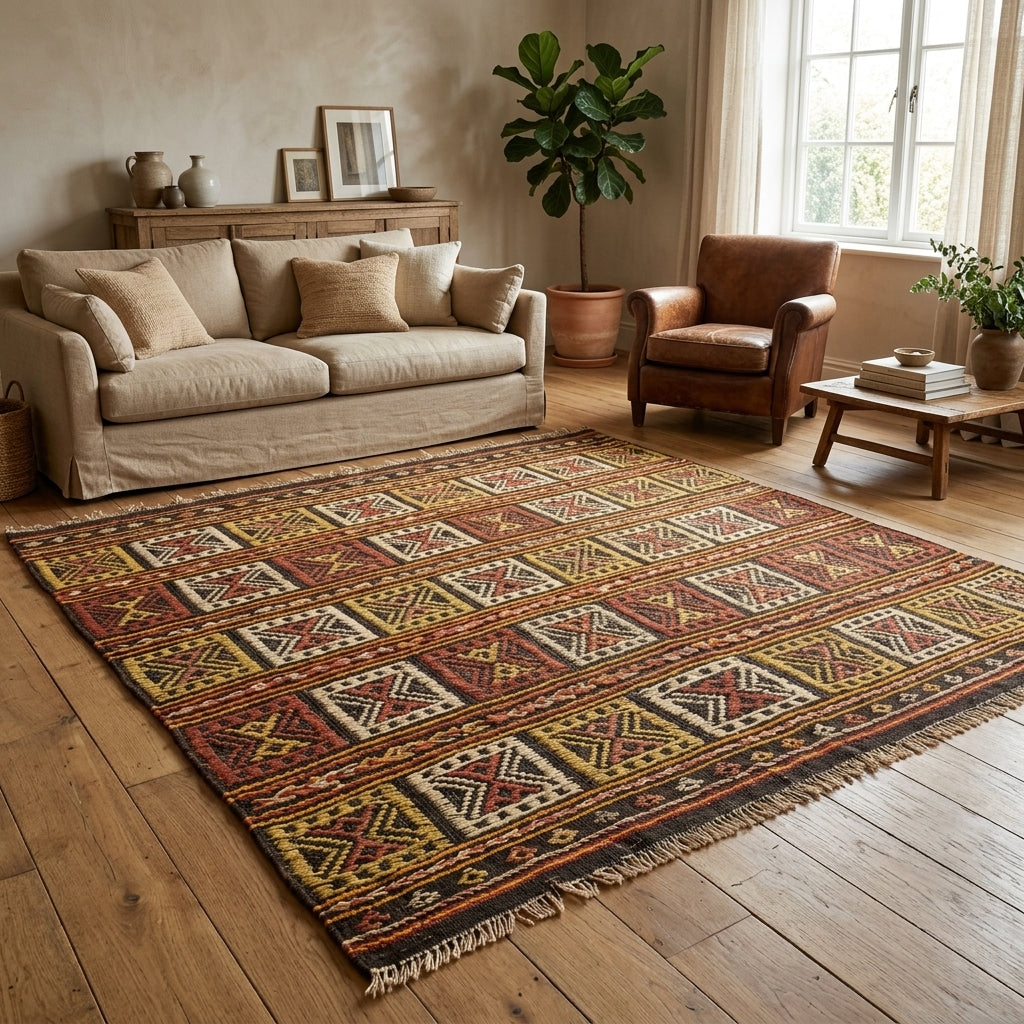 Geometric pattern on the Yaseminsad vintage kilim rug – handwoven flatweave in Anatolia, Turkey