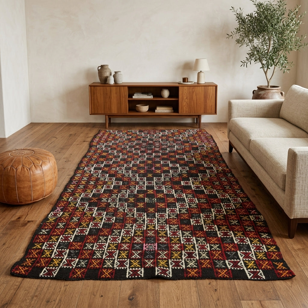 Geometric pattern on the Cerensu vintage kilim rug – handwoven flatweave in Anatolia, Turkey