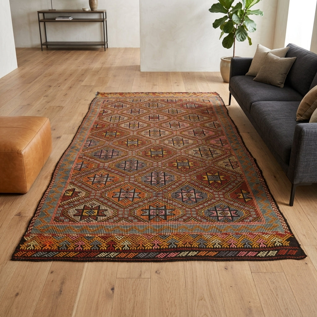 Ikat pattern on the Dilbernaz vintage kilim rug – handwoven flatweave in Anatolia, Turkey