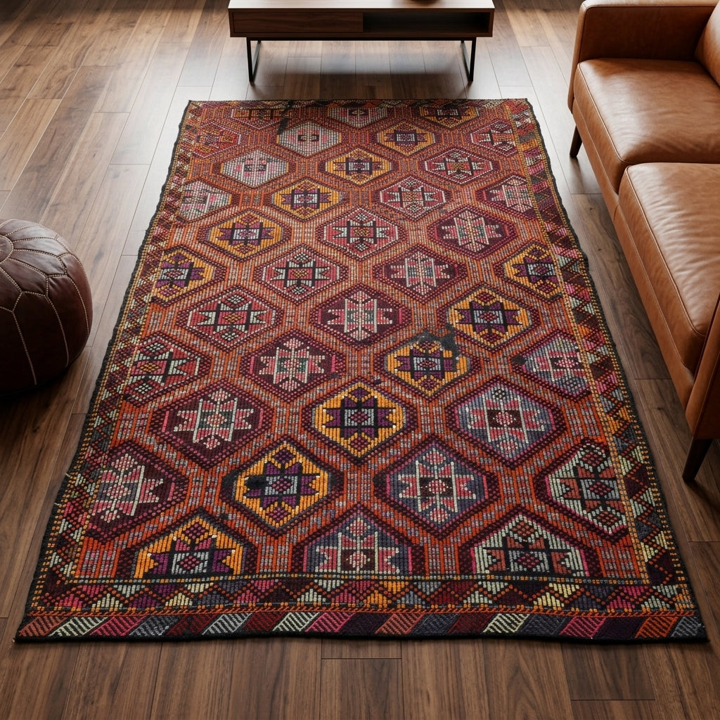Geometric pattern on the Zerrinter vintage kilim rug – handwoven flatweave in Anatolia, Turkey