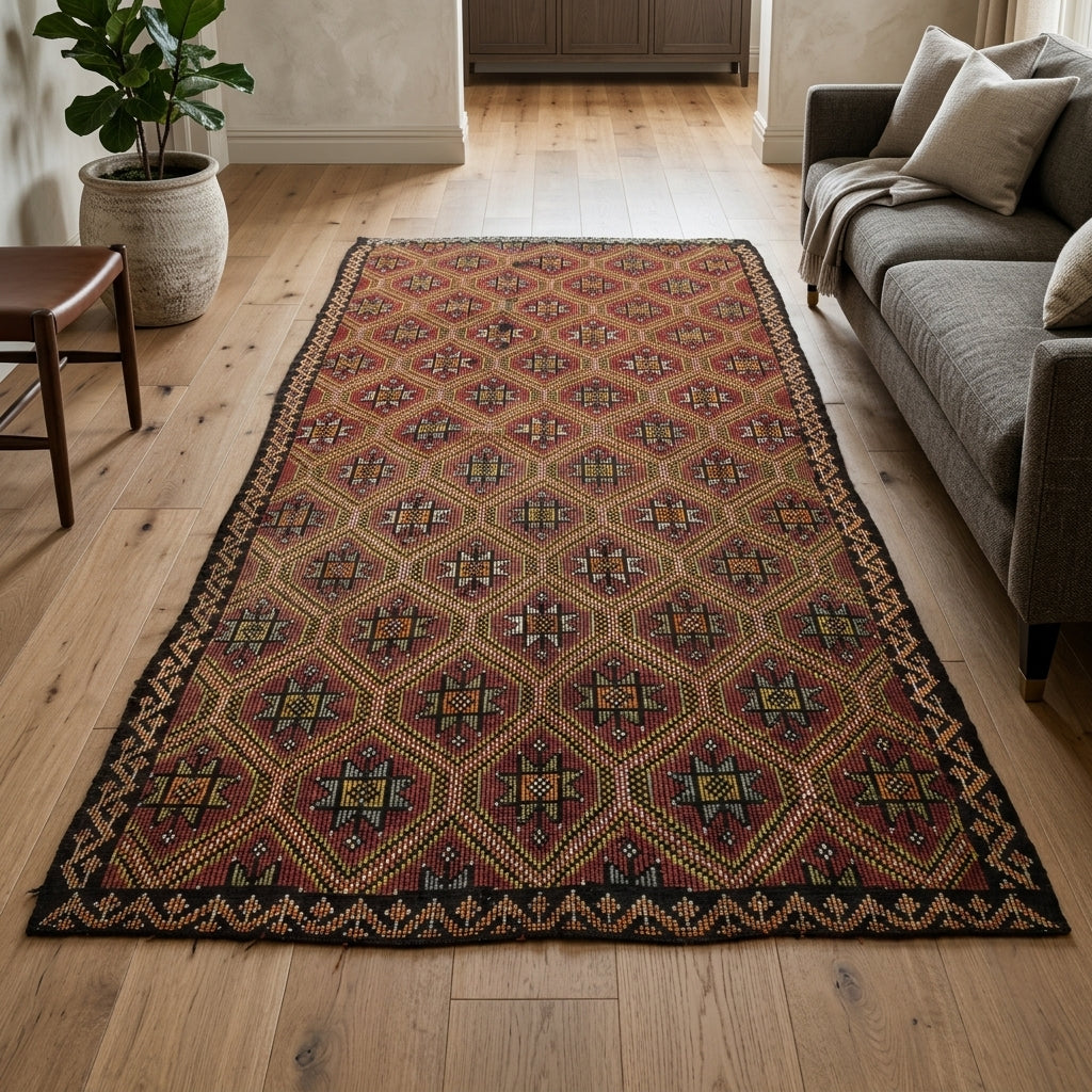 Ikat pattern on the Delphikrateia vintage kilim rug – handwoven flatweave in Anatolia, Turkey