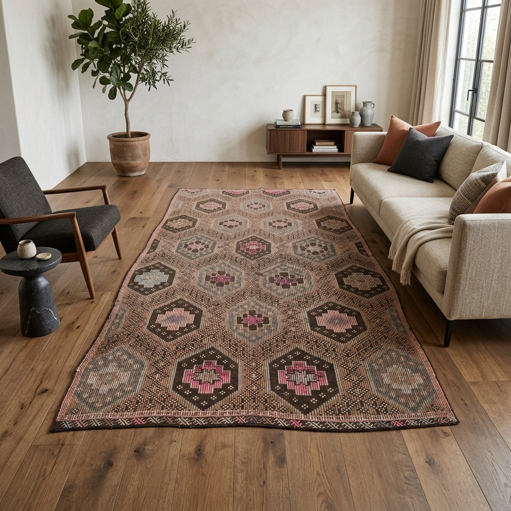 Geometric pattern on the Heliophrosyne vintage kilim rug – handwoven flatweave in Anatolia, Turkey