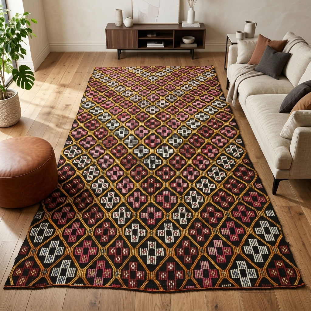 Ikat pattern on the Iasope vintage kilim rug – handwoven flatweave in Anatolia, Turkey