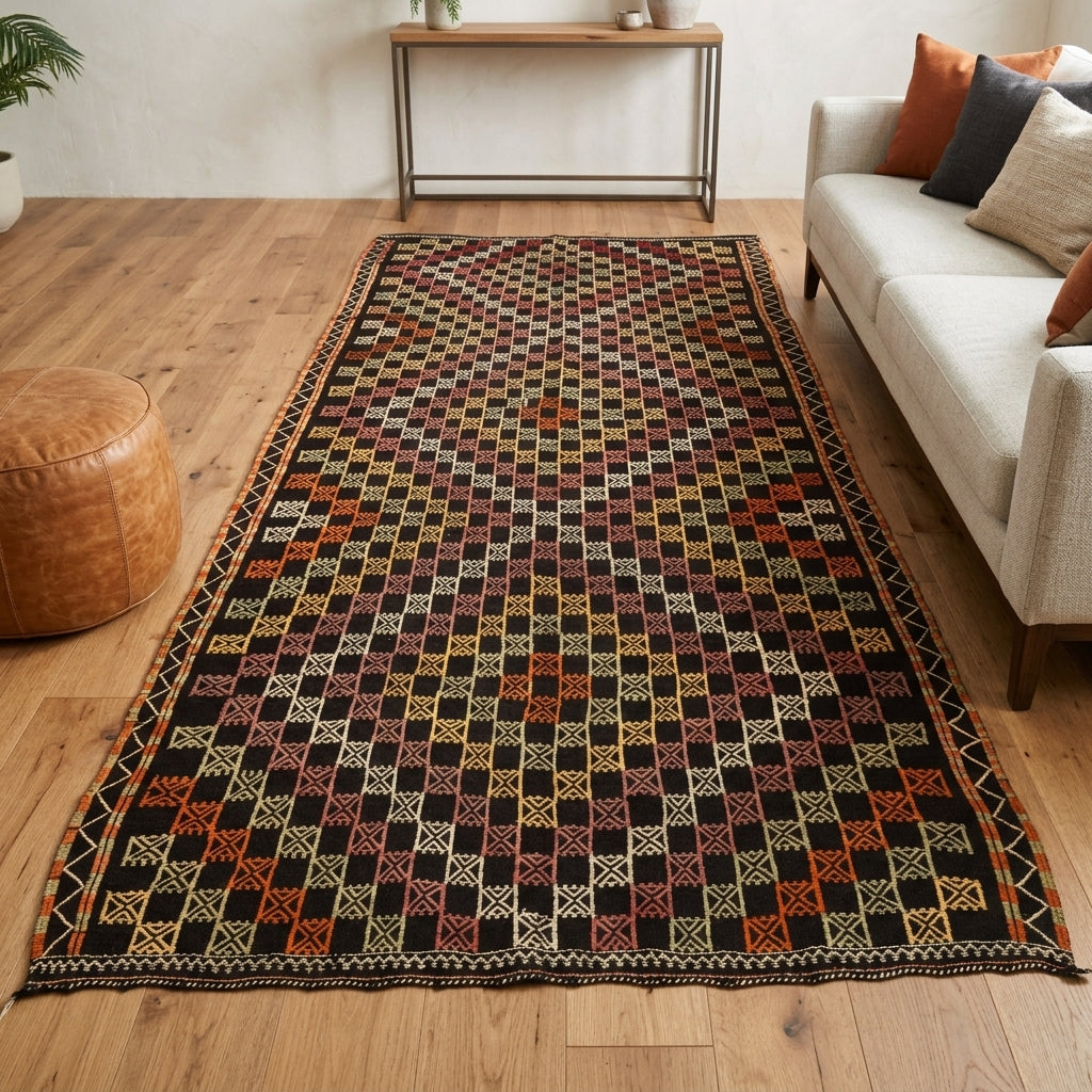 Oriental pattern on the Melissonesia vintage kilim rug – handwoven flatweave in Anatolia, Turkey