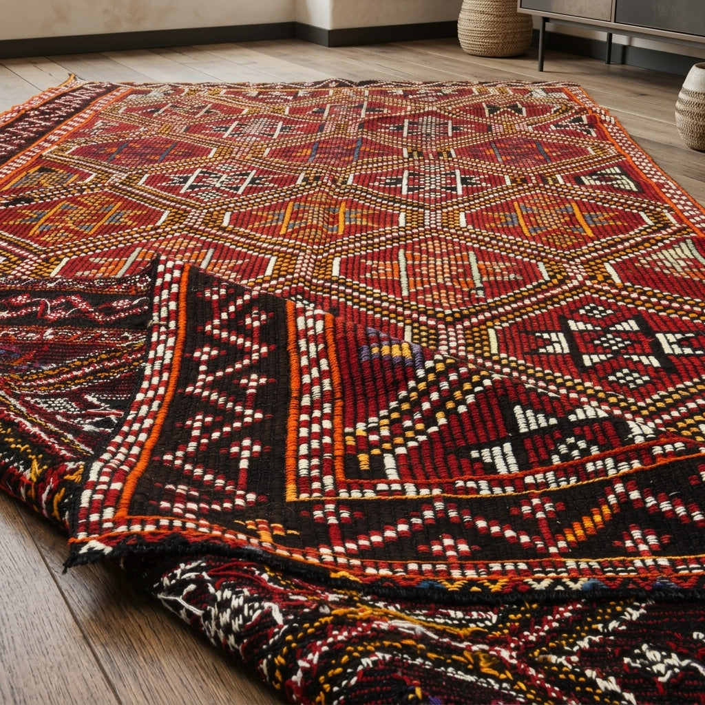 Ikat pattern on the Kydophyllis vintage kilim rug – handwoven flatweave in Anatolia, Turkey