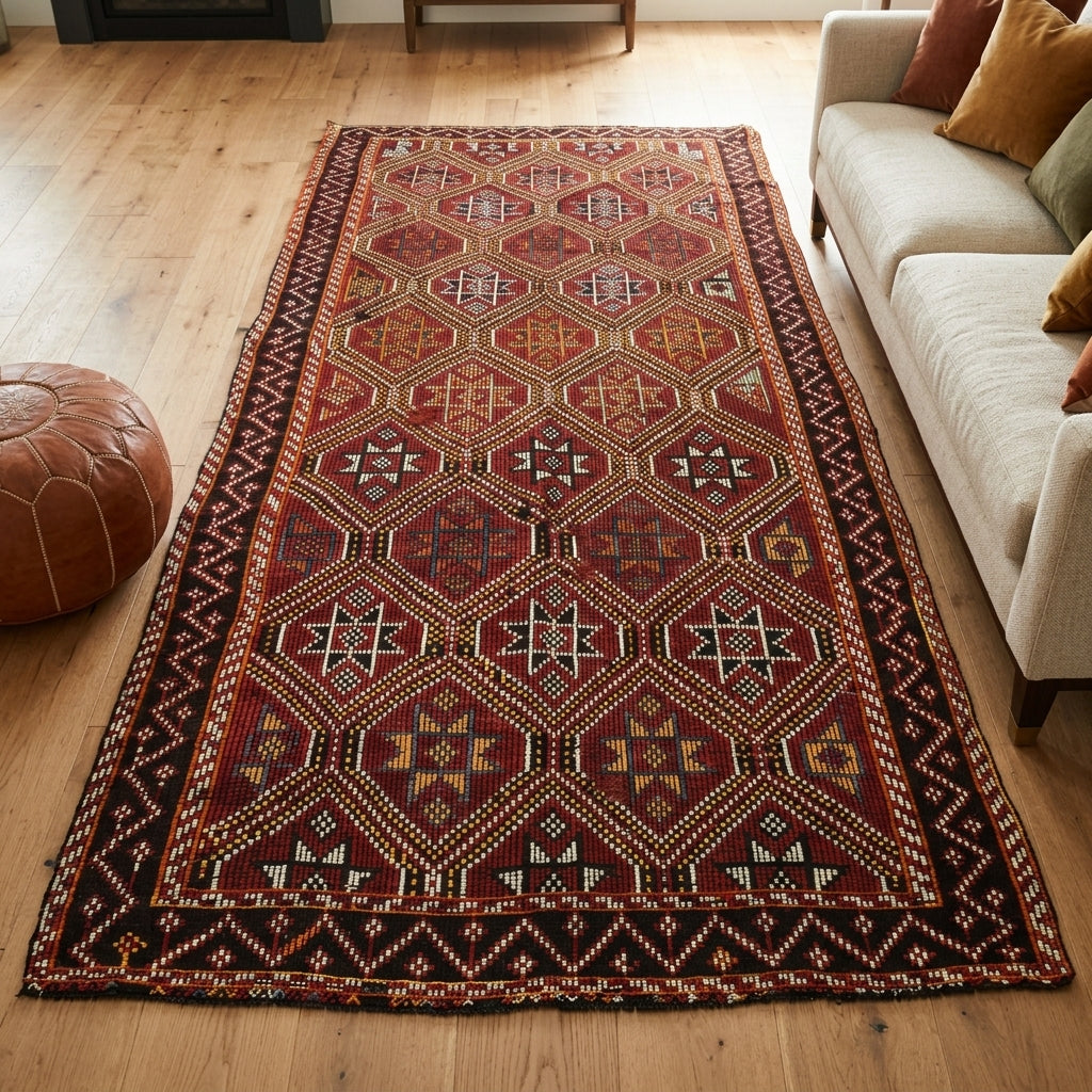 Ikat pattern on the Kydophyllis vintage kilim rug – handwoven flatweave in Anatolia, Turkey