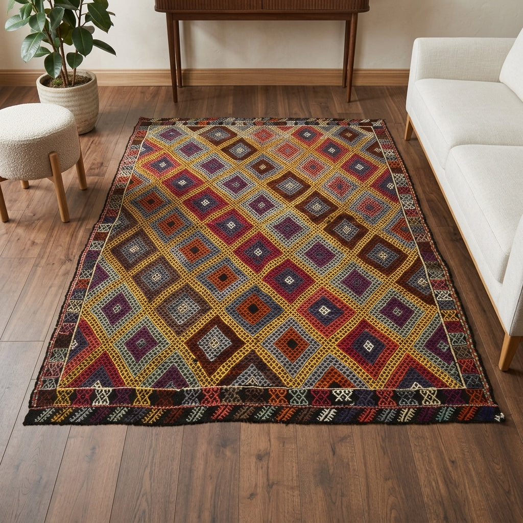 Ikat pattern on the Nisansah vintage kilim rug – handwoven flatweave in Anatolia, Turkey