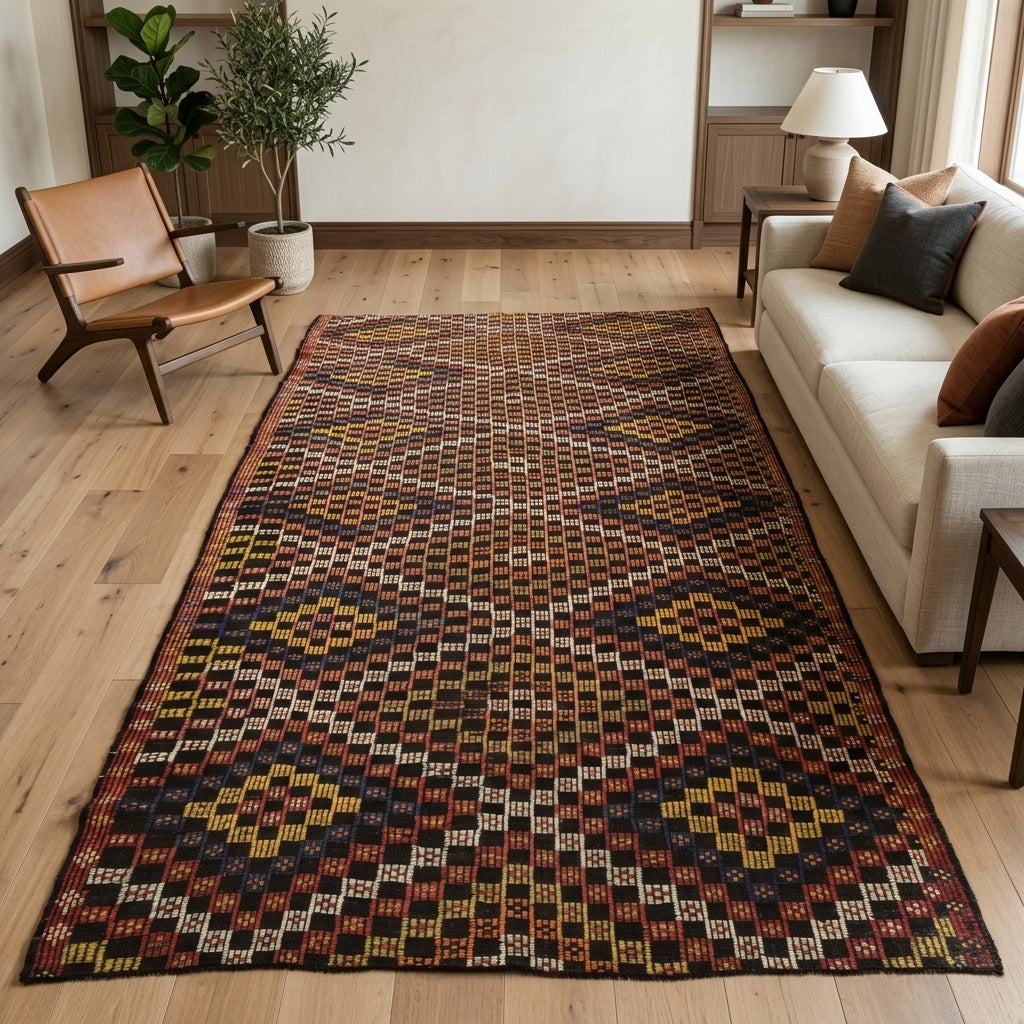 Ikat pattern on the Elabahce vintage kilim rug – handwoven flatweave in Anatolia, Turkey