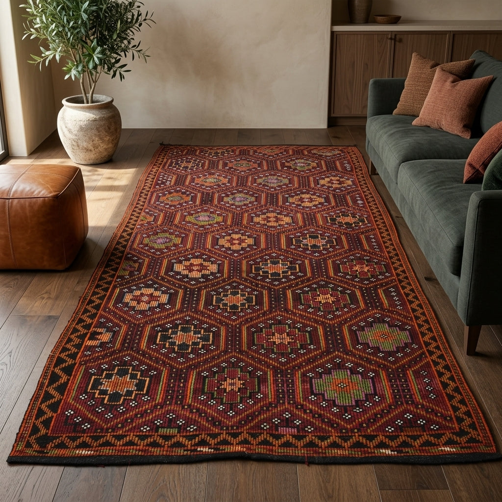 Ikat pattern on the Esenbahce vintage kilim rug – handwoven flatweave in Anatolia, Turkey