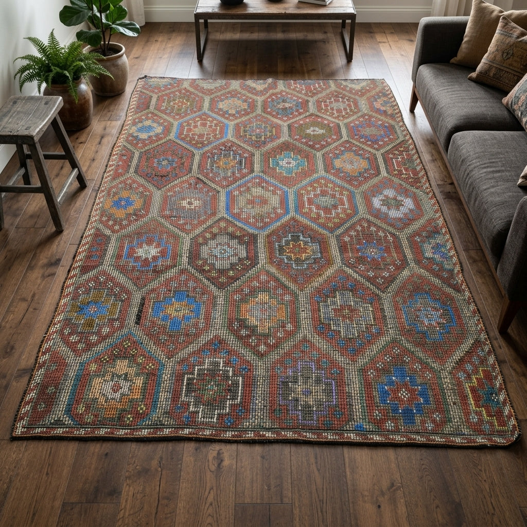 Honeycomb pattern on the Meneksehayat vintage kilim rug – handwoven flatweave in Anatolia, Turkey