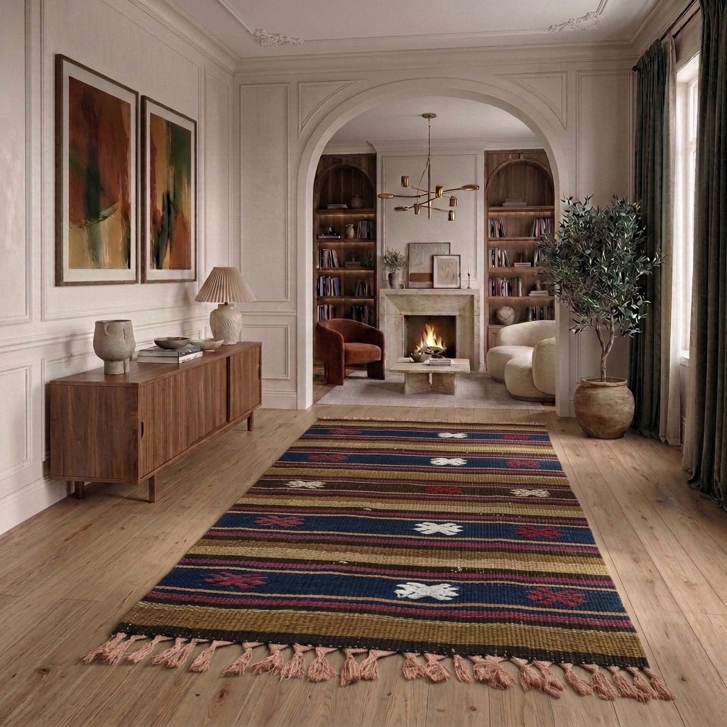 Striped pattern on the Selvibahce vintage kilim rug – handwoven flatweave in Anatolia, Turkey