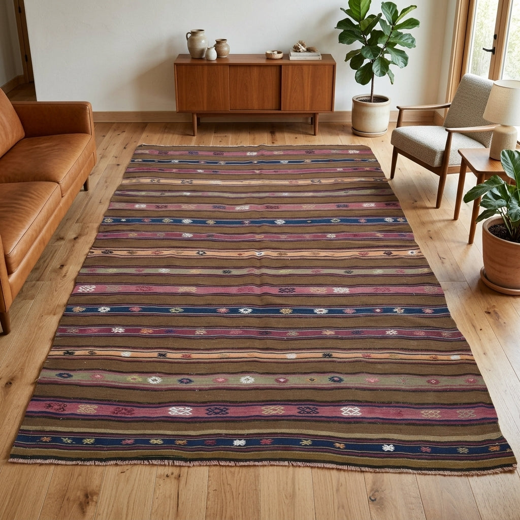 Striped pattern on the Selvibahce vintage kilim rug – handwoven flatweave in Anatolia, Turkey