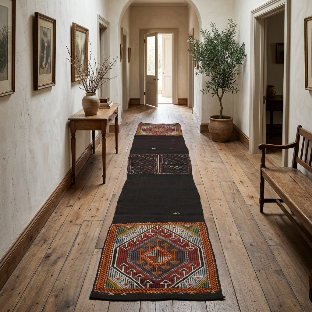 Tribal pattern on the Kelebeksel vintage kilim runner rug – handwoven flatweave in Anatolia, Turkey