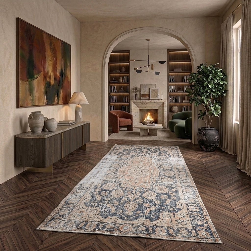 Oriental pattern on the Mahgun distressed vintage area rug – handmade in Anatolia, Turkey