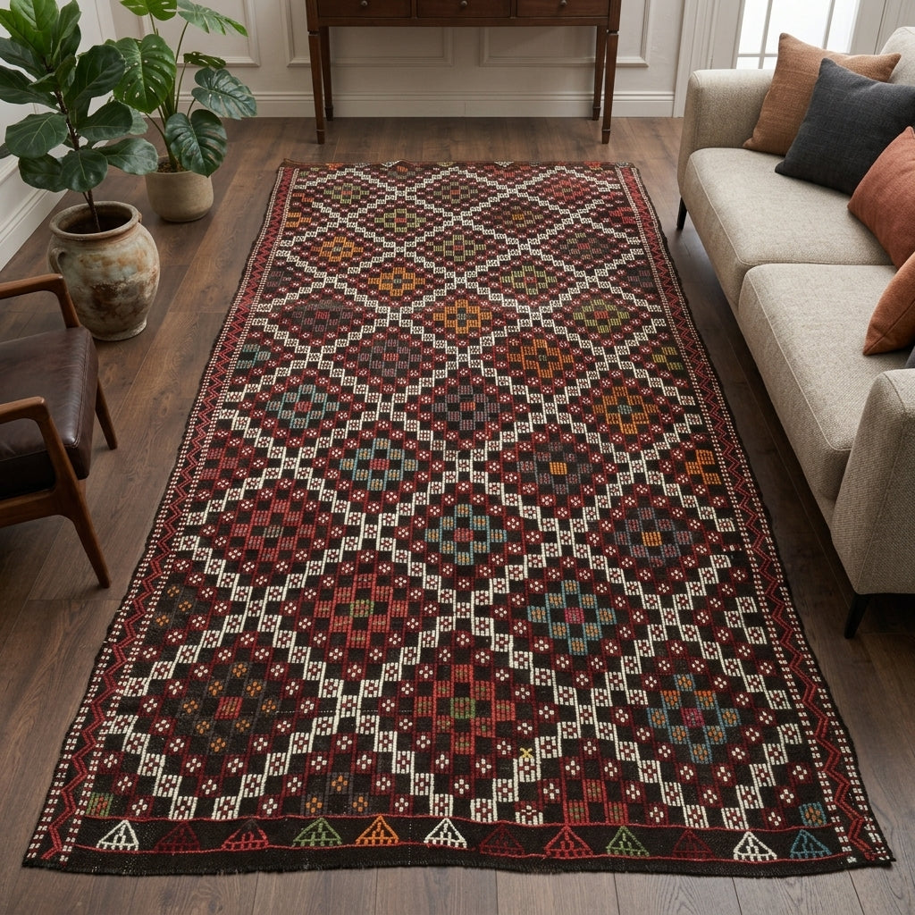 Checkered pattern on the Nursema vintage kilim rug – handwoven flatweave in Anatolia, Turkey